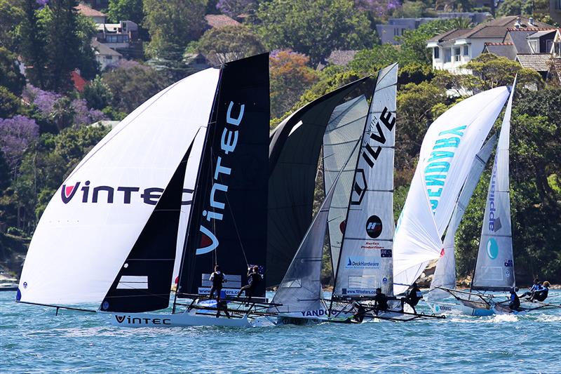 Drama and collision at the bottom mark between Yandoo and Appliancesonline during race 6 of the 18ft Skiff Spring Championship in Sydney photo copyright Frank Quealey taken at Australian 18 Footers League and featuring the 18ft Skiff class