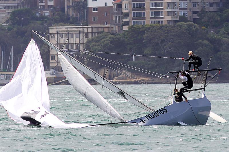 The critical moment when the race changed for Noakes Youth during race 7 of the 18ft Skiff Spring Championship in Sydney photo copyright Frank Quealey taken at Australian 18 Footers League and featuring the 18ft Skiff class