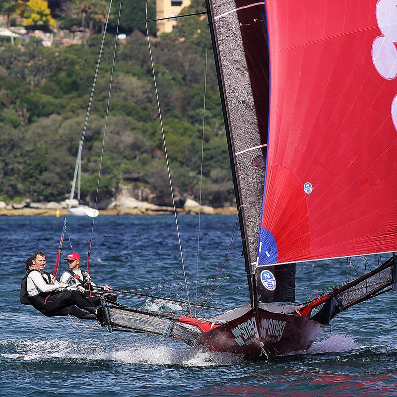 The champion Smeg crew head for home with a 48s lead over Finport during race 2 of the 18ft Skiff NSW Championship photo copyright Frank Quealey taken at Australian 18 Footers League and featuring the 18ft Skiff class