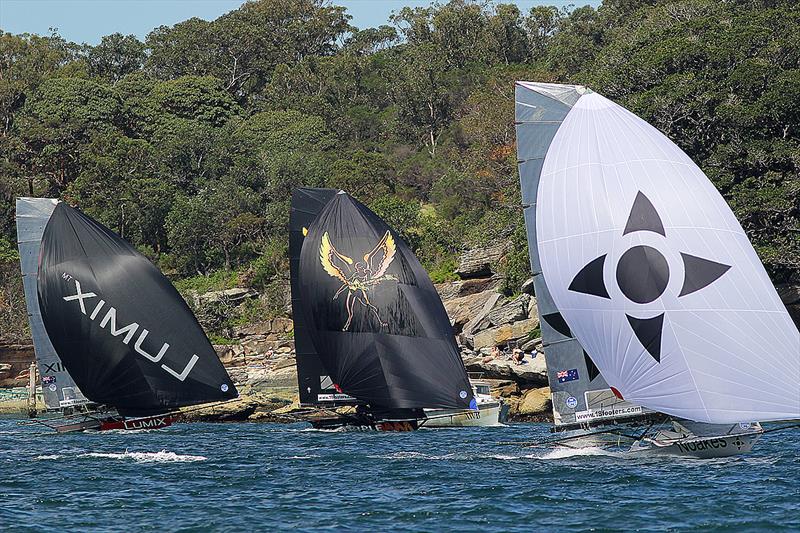 Noakes Youth, Triple M and Panasonic Lumix were in the group just behing the leaders on the first run during race 2 of the 18ft Skiff NSW Championship photo copyright Frank Quealey taken at Australian 18 Footers League and featuring the 18ft Skiff class