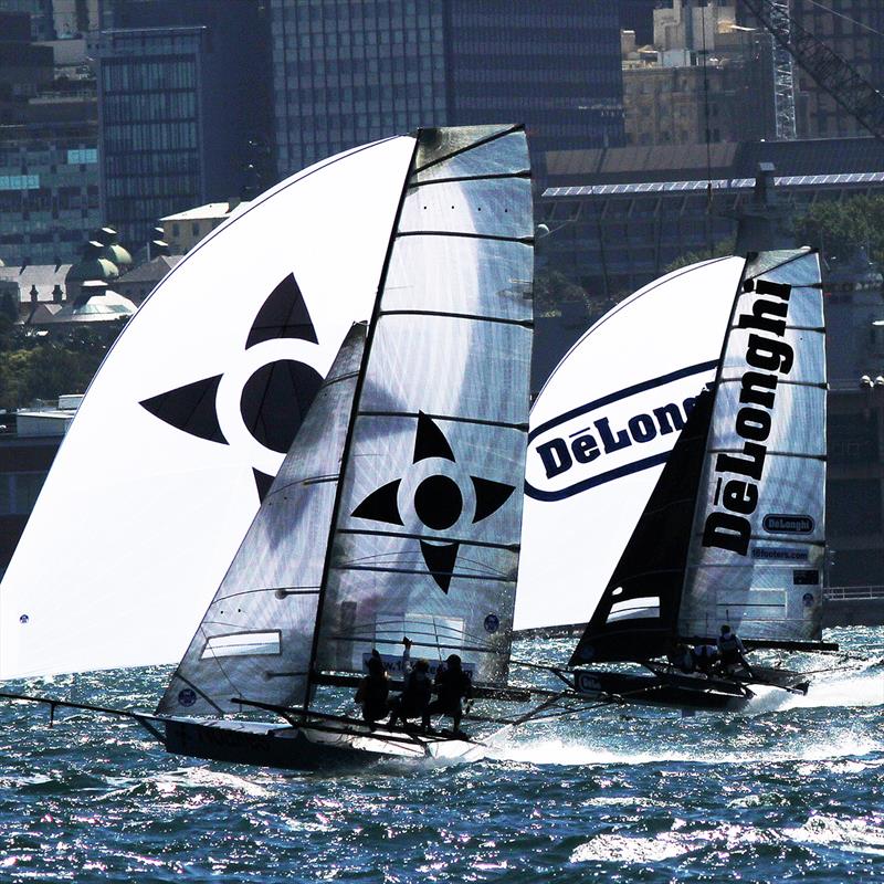 Noakes Youth and De'Longhi on the tight run to the Clark Island mark during Race 3 of the 18ft Skiff NSW Championship photo copyright Frank Quealey taken at Australian 18 Footers League and featuring the 18ft Skiff class