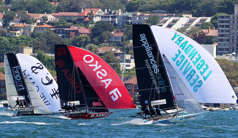 The three leaders approach the bottom mark at the end of the first lap during Race 3 of the 18ft Skiff NSW Championship - photo © Frank Quealey