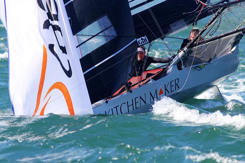 The Kitchen Maker team saved a certain capsize to win the 18ft Skiff NSW Championship photo copyright Frank Quealey taken at Australian 18 Footers League and featuring the 18ft Skiff class