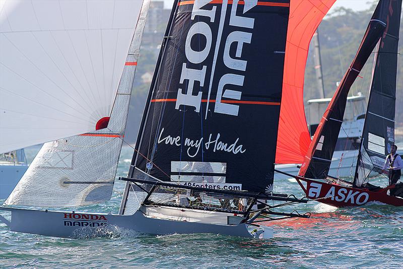 Honda Marine beats Asko Appliance by 1sec at the finish line in 18ft Skiff JJ Giltinan Championship Race 1 photo copyright Frank Quealey taken at Australian 18 Footers League and featuring the 18ft Skiff class