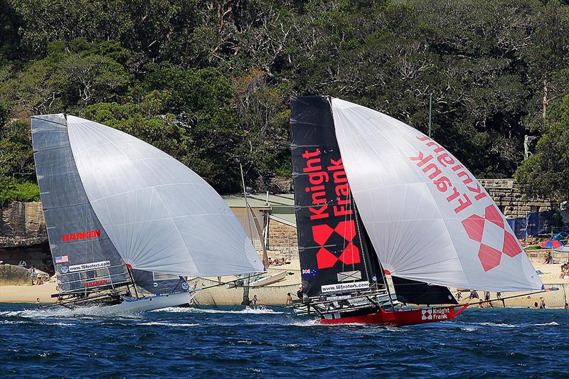 NZ's Knight Frank and Harken (USA) on the first run past Nielsen Park during 18ft Skiff JJ Giltinan Championship Race 1 photo copyright Frank Quealey taken at Australian 18 Footers League and featuring the 18ft Skiff class