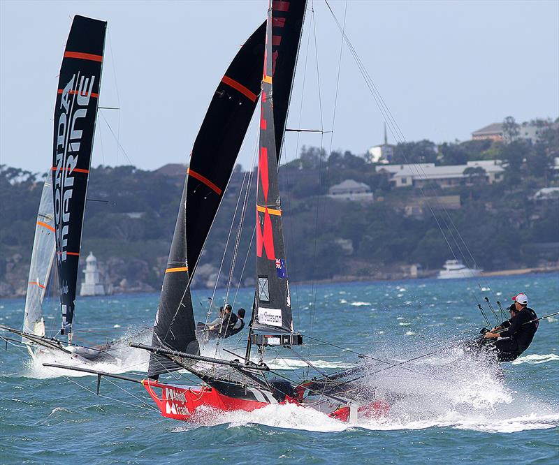 Two NZ teams Knight Frank and Honda Marine during 18ft Skiff JJ Giltinan Championship Race 3 photo copyright Frank Quealey taken at Australian 18 Footers League and featuring the 18ft Skiff class