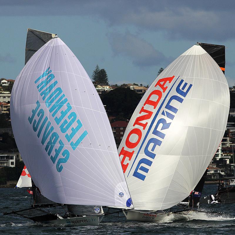 Appliancesonline.com.au crosses Honda Marine during 18ft Skiff JJ Giltinan Championship Race 5 photo copyright Frank Quealey taken at Australian 18 Footers League and featuring the 18ft Skiff class
