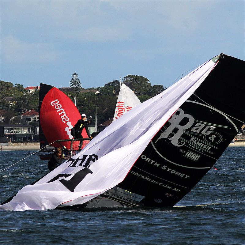 The young Rag and Famish Hotel crew capsized while leading just a few hundred metres from the finish of 18ft Skiff JJ Giltinan Championship Race 5 photo copyright Frank Quealey taken at Australian 18 Footers League and featuring the 18ft Skiff class