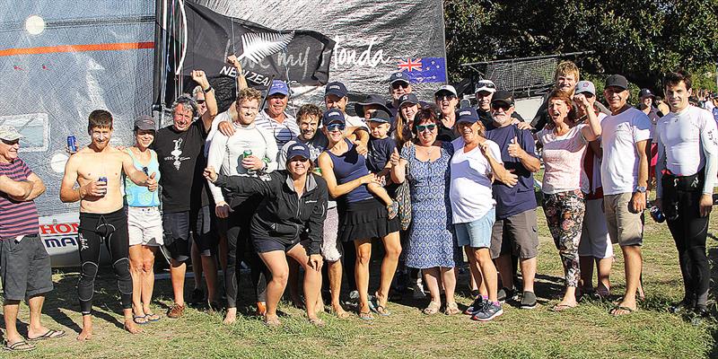 The Kiwi team and their supporters celebrate the first 18ft Skiff JJ Giltinan Championship win in 44 years photo copyright Frank Quealey taken at Australian 18 Footers League and featuring the 18ft Skiff class