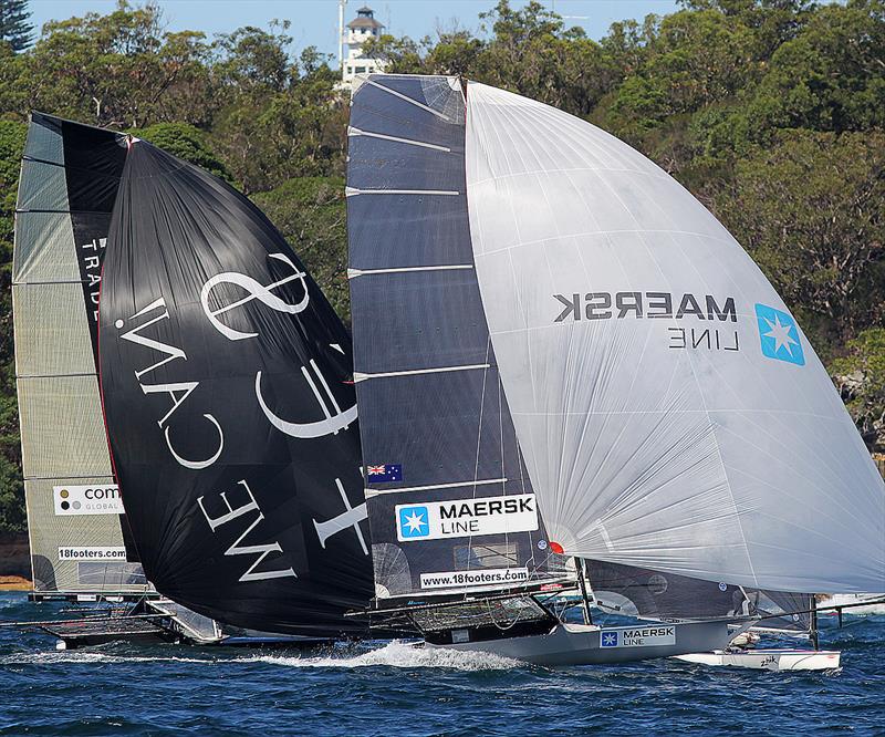 Maersk Line and Finport Trade Finance chased the early leaders over the first lap of the course on the final day of the 18ft Skiff JJ Giltinan Championship photo copyright Frank Quealey taken at Australian 18 Footers League and featuring the 18ft Skiff class