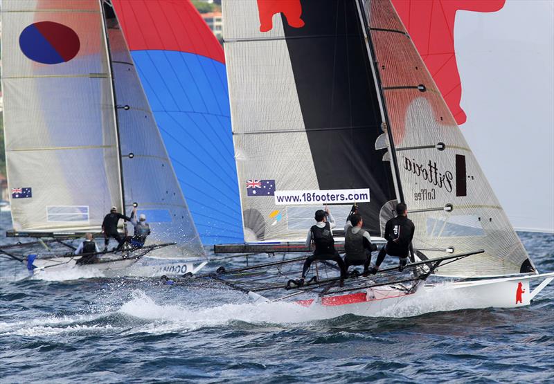Bird and Bear narrowly Yandoo on the first run during race 1 of the 18ft Skiff Spring Championship photo copyright Frank Quealey taken at Australian 18 Footers League and featuring the 18ft Skiff class