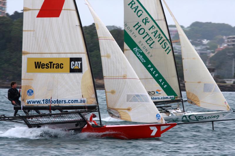 Rag and Famish leads Gotta Love It 7 on a windward leg during the Mick Scully Memorial Trophy photo copyright Frank Quealey taken at Sydney Flying Squadron and featuring the 18ft Skiff class