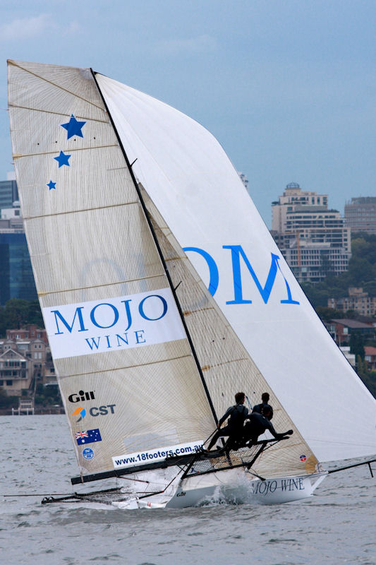 Mojo Wine finishes second in race 1 of the 63rd JJ Giltinan Championship photo copyright Frank Quealey taken at Sydney Flying Squadron and featuring the 18ft Skiff class