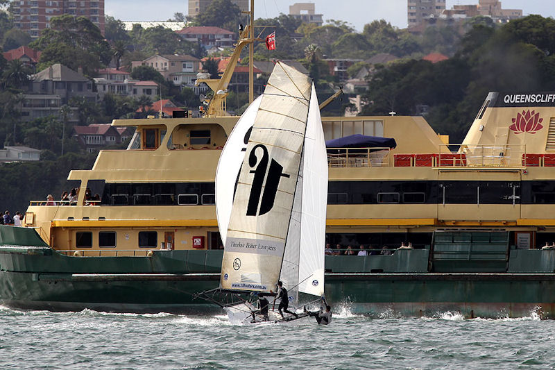 Thurlow Fisher Lawyers loses the lead in an incident with the Manly ferry in race 1 of the  64th JJ Giltinan Championship photo copyright Frank Quealey taken at Australian 18 Footers League and featuring the 18ft Skiff class