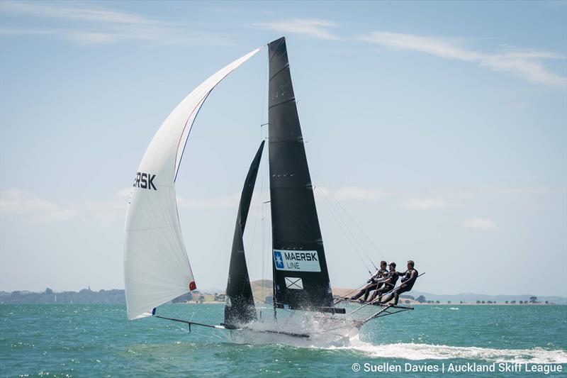 Maersk Line sailing on the  first weekend of the Auckland 18ft Skiff Championships Dec 2-3, 2017 photo copyright Suellen Hurling / Auckland Skiff League taken at Royal Akarana Yacht Club and featuring the 18ft Skiff class