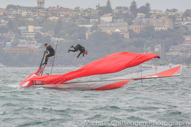 Not your best dive Lee Knapton but still up there! Smeg 18ft Skiff Sailing Team Lee Knapton International 18ft Skiff - Oct 30, 2016 photo copyright Michael Chittenden taken at Australian 18 Footers League and featuring the 18ft Skiff class