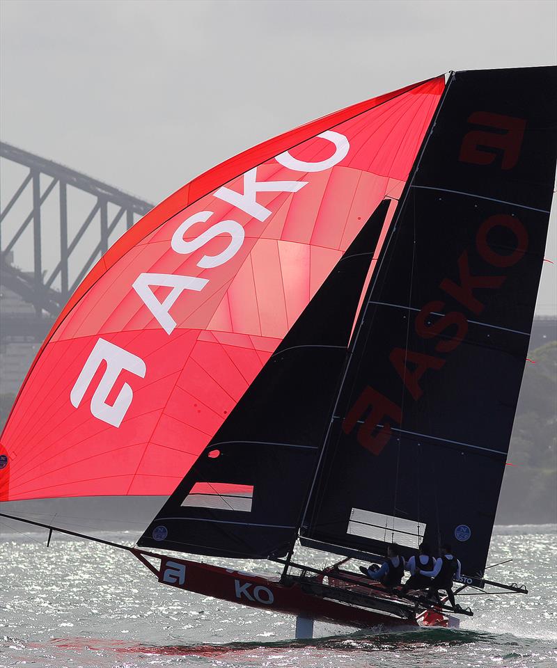 Asko Appliances shows her downwind speed which sees the team share the lead with Yandoo after the first day's racing, Australian National Championships, Sydney, January 28, 2018 photo copyright Frank Quealey taken at Australian 18 Footers League and featuring the 18ft Skiff class