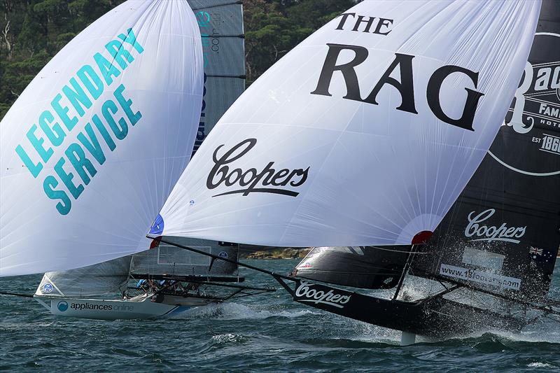 Only 5secs separated these two teams at the end of Race 2, Australian National Championships, Sydney, January 28, 2018 photo copyright Frank Quealey taken at Australian 18 Footers League and featuring the 18ft Skiff class