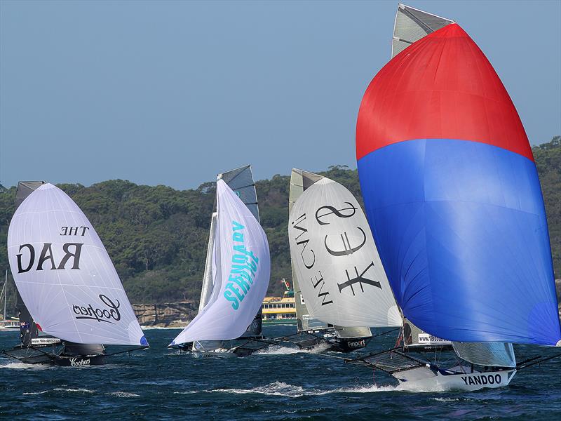 Downwind action in Race 2,  Australian National Championships, Sydney, January 28, 2018 photo copyright Frank Quealey taken at Australian 18 Footers League and featuring the 18ft Skiff class
