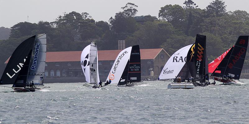 The bottom mark in Race 1, Australian National Championships, Sydney, January 28, 2018 photo copyright Frank Quealey taken at Australian 18 Footers League and featuring the 18ft Skiff class