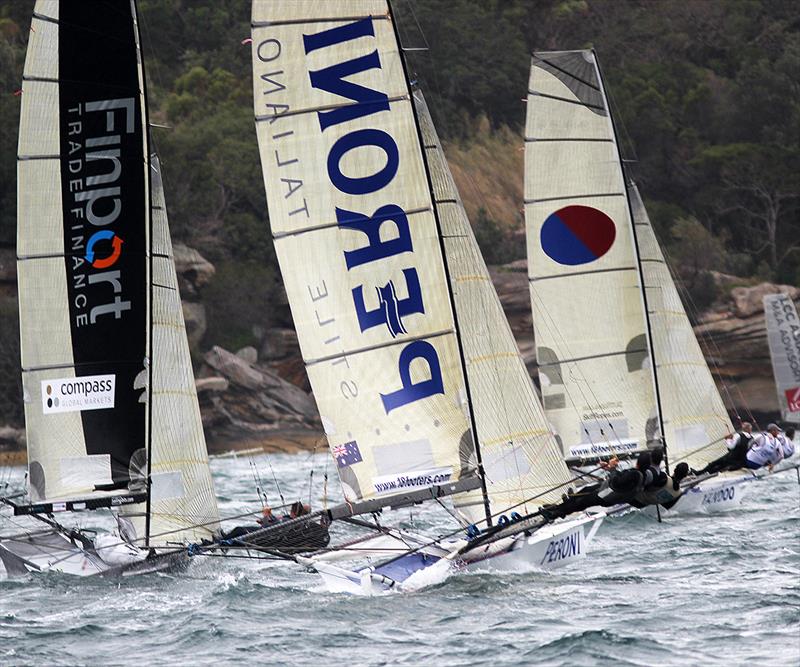 The fleet works into the windward mark in Rose Bay - 18ft Skiffs Australian Championship 2018 photo copyright Frank Quealey taken at Australian 18 Footers League and featuring the 18ft Skiff class
