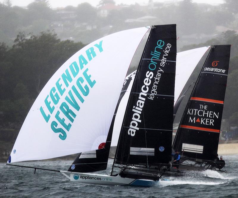 Two top teams Appliancesonline and The Kitchen Maker in tight spinnaker action - 18ft Skiffs Australian Championship 2018 photo copyright Frank Quealey taken at Australian 18 Footers League and featuring the 18ft Skiff class