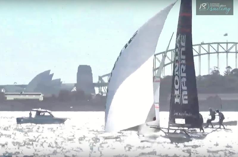 Honda Marine crosses the finish line to win the JJ Giltinan Trophy, March 11, 2018 photo copyright Australian 18 Footers League taken at Australian 18 Footers League and featuring the 18ft Skiff class