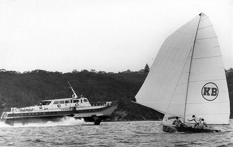 Two familiar sights on Sydney Harbour during the 1970s, KB and the Manly Ferry photo copyright Frank Quealey taken at Australian 18 Footers League and featuring the 18ft Skiff class