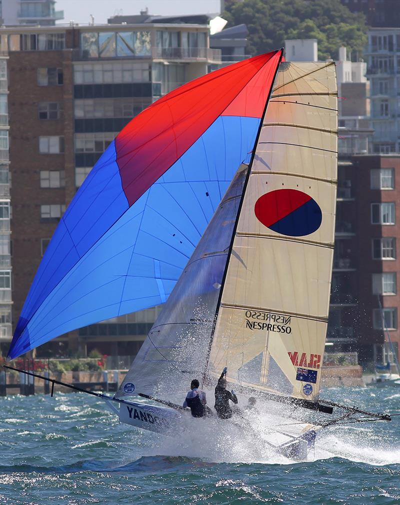 Typical Yandoo spinnaker action photo copyright Frank Quealey taken at Australian 18 Footers League and featuring the 18ft Skiff class