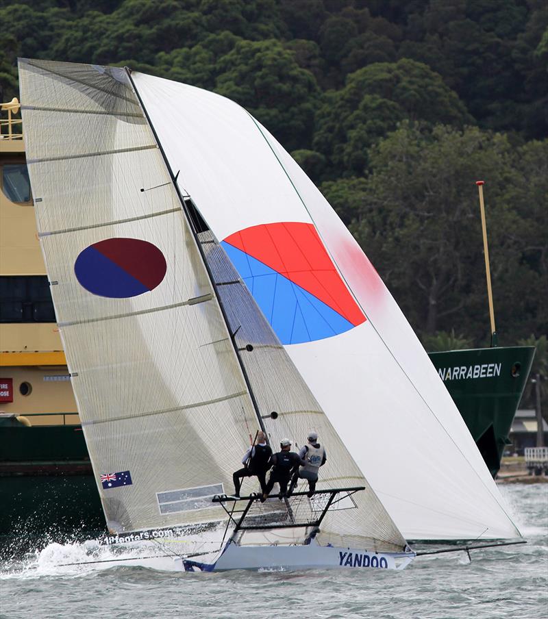 Yandoo avoids a Many ferry on Sydney Harbour during the 2020- season photo copyright Frank Quealey taken at Australian 18 Footers League and featuring the 18ft Skiff class