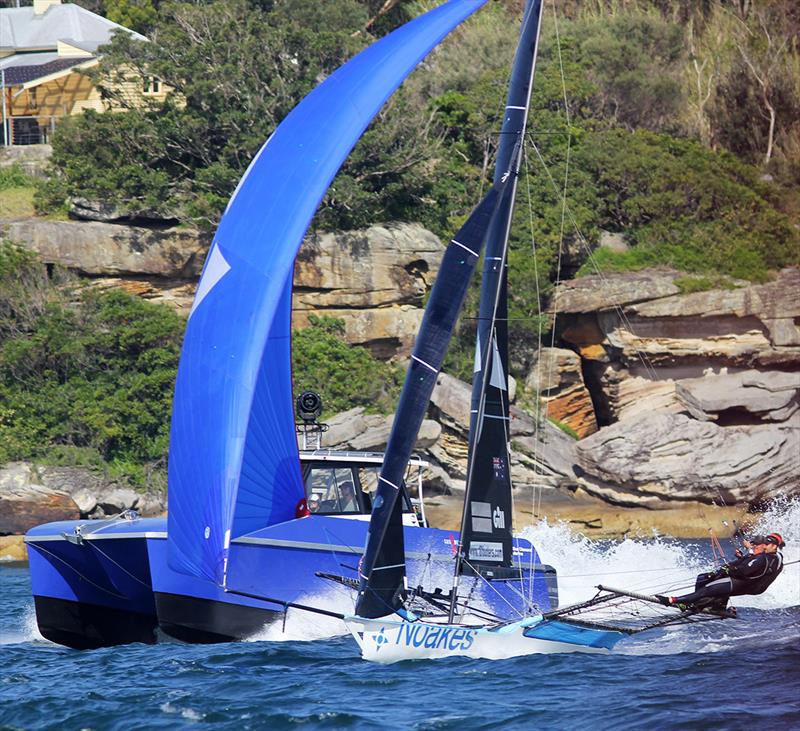 Noakes Blue and the video livestream camera boat - 18ft Skiffs: Spring Championship - photo © Frank Quealey