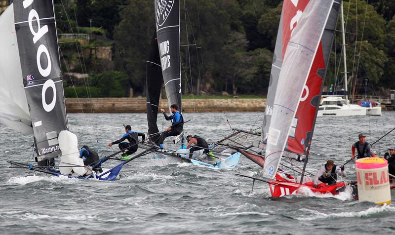 Bottom mark action - 18ft Skiffs Supercup - December 2021 photo copyright Frank Quealey taken at Australian 18 Footers League and featuring the 18ft Skiff class