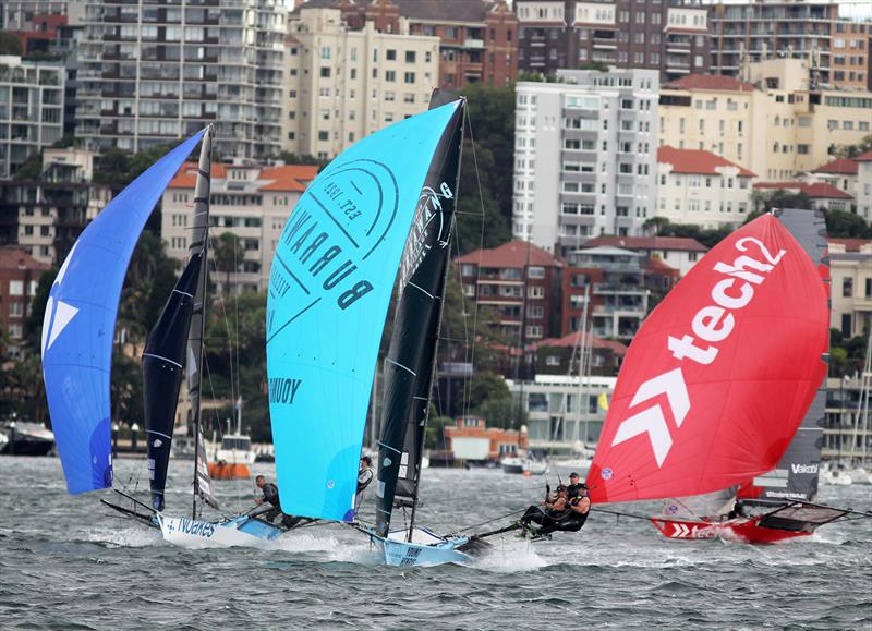First downwind leg in Race 1 - 18ft Skiffs Supercup - December 2021 photo copyright Frank Quealey taken at Australian 18 Footers League and featuring the 18ft Skiff class