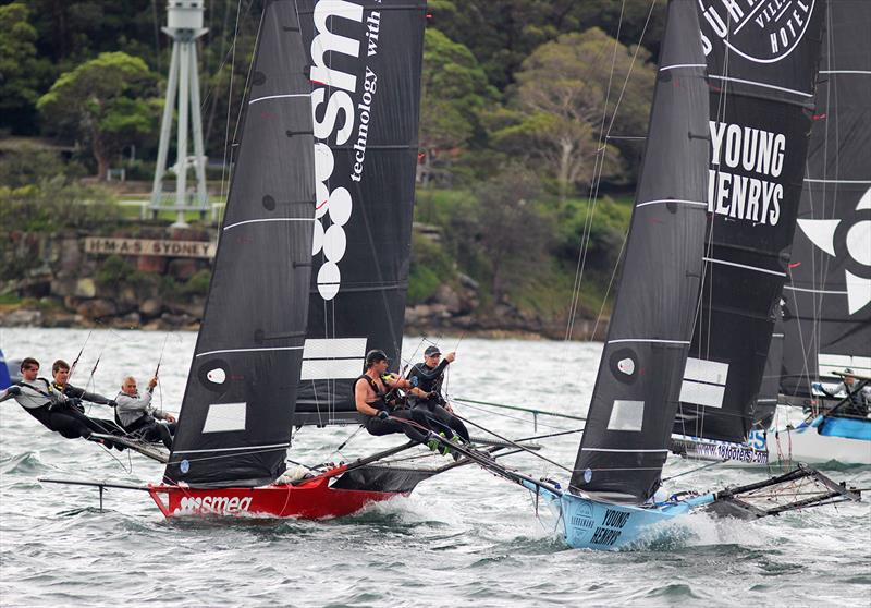 The team Barnabas three generation team fight it out with the Burrawand-Young Henry team led by Simon Nearn - 18ft Skiffs Supercup - December 2021 photo copyright Frank Quealey taken at Australian 18 Footers League and featuring the 18ft Skiff class