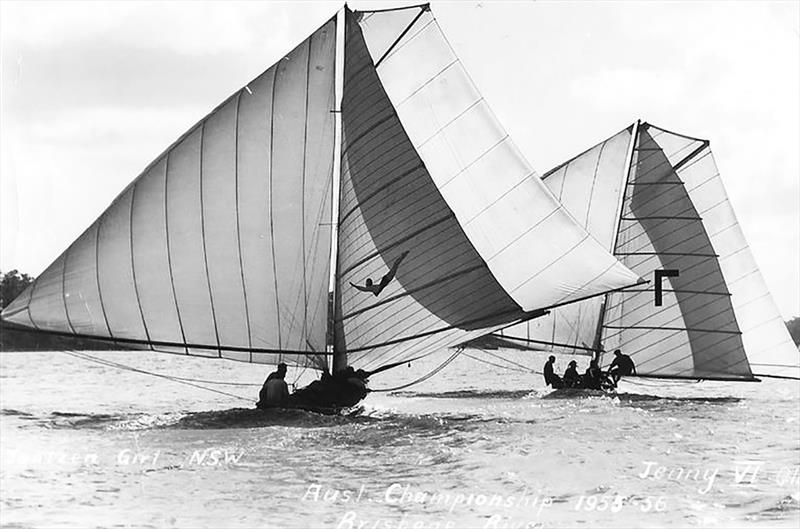 Two champions, Jantzen Girl and Jenny VI on the Brisbane River - Australian 18 Footers Championship photo copyright Frank Quealey taken at Australian 18 Footers League and featuring the 18ft Skiff class