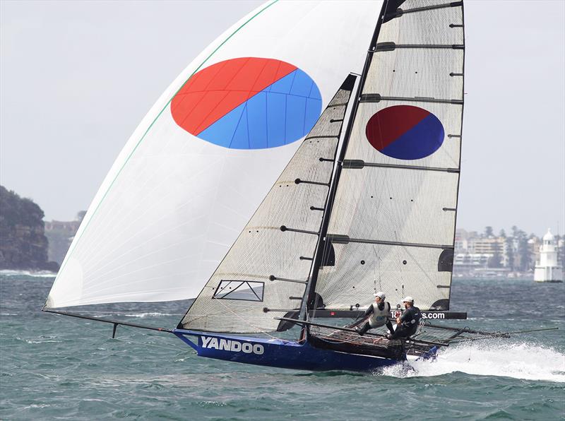 Yandoo on a run during race 2 of the 100th 18ft Skiff Australian Championship photo copyright Frank Quealey taken at Australian 18 Footers League and featuring the 18ft Skiff class