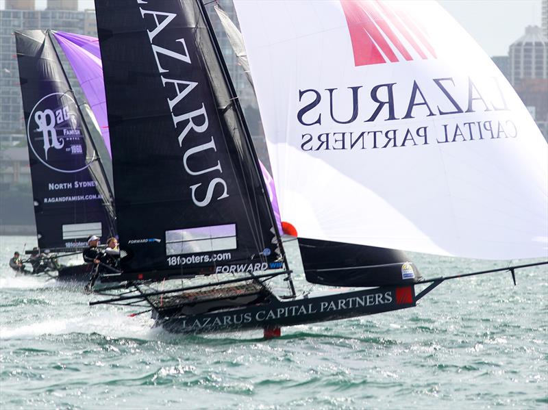 Lazarus Capital Partners and The Rag on the run back to the bottom mark on day 2 of the 100th 18ft Skiff Australian Championship photo copyright Frank Quealey taken at Australian 18 Footers League and featuring the 18ft Skiff class