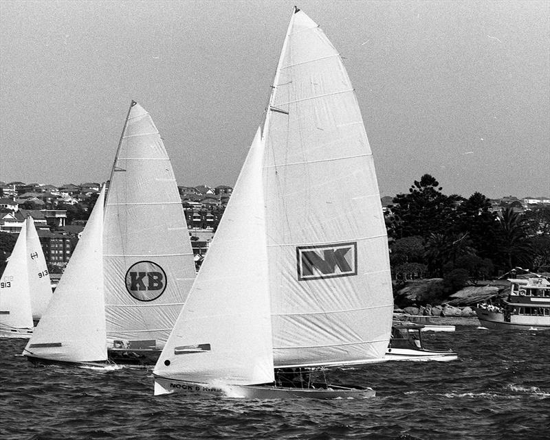 Two NSW entries in the 1977 JJ Giltinan World 18ft Skiff Championship, KB and Nock and Kirbys, competing earlier on Sydney Harbour  photo copyright Bob Ross taken at Australian 18 Footers League and featuring the 18ft Skiff class