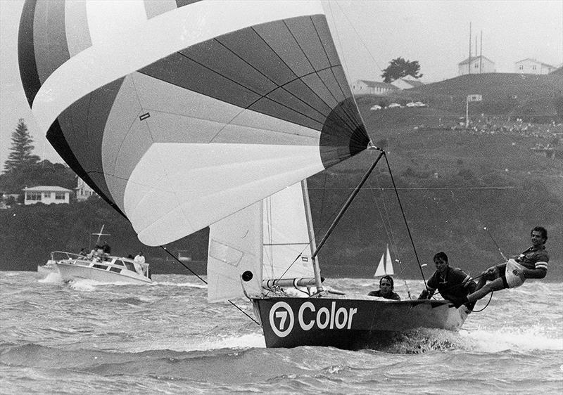 Color 7's team heads to the finish line and victory at the 1977 JJ Giltinan World 18ft Skiff Championship photo copyright Bob Ross taken at Australian 18 Footers League and featuring the 18ft Skiff class