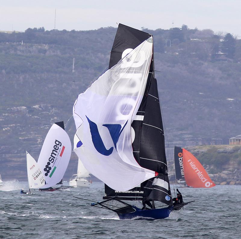 A big wind change hits the leader on the run to the finish - 2022-23 NSW Championship, Race 1 photo copyright Frank Quealey taken at Australian 18 Footers League and featuring the 18ft Skiff class