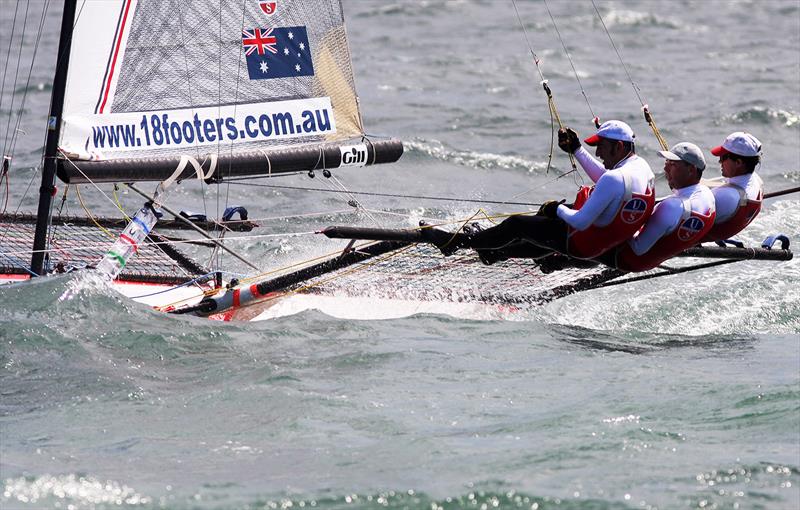 The Asko Appliances crew in action on Sydney Harbour photo copyright Frank Quealey taken at Australian 18 Footers League and featuring the 18ft Skiff class