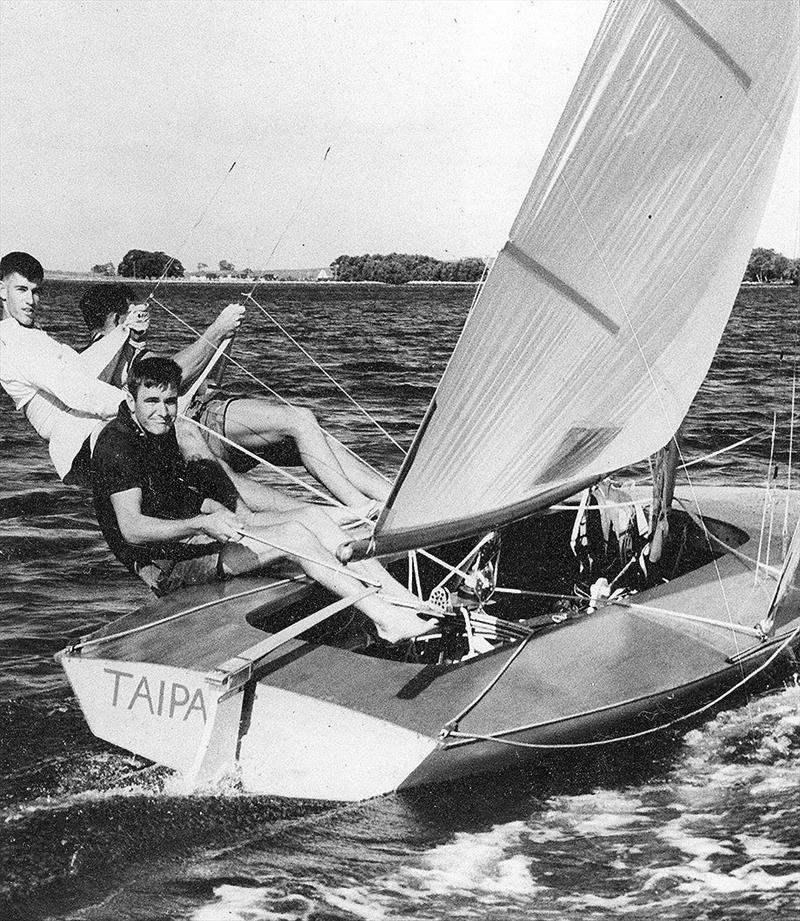 Bob Miller (aka Ben Lexcen) and the controversial Taipan in 1960 photo copyright Archive taken at Australian 18 Footers League and featuring the 18ft Skiff class
