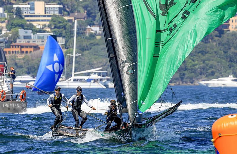 All eyes on the action ahead as The Oak Double Bay-4 Pines crew prepare for the spinnaker drop - 18ft Skiff Australian Championship Race 2 - photo © SailMedia