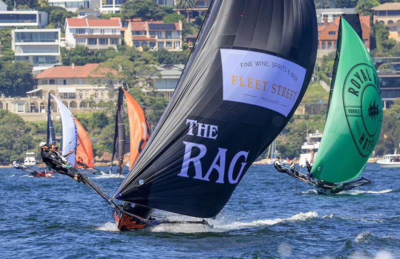 Rag and Famish Hotel on her way to 2nd place in last Sunday's Race 2 of the Australian 18ft Skiff Championship photo copyright SailMedia taken at Australian 18 Footers League and featuring the 18ft Skiff class