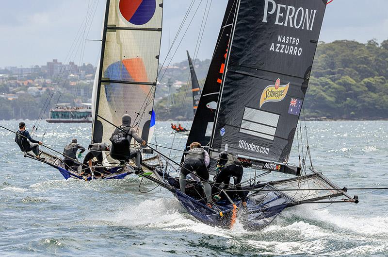 Yandoo under early pressure from Rag and Famish Hotel in last Sunday's race photo copyright SailMedia taken at Australian 18 Footers League and featuring the 18ft Skiff class