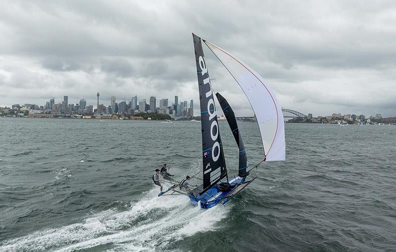 Giltinan champion Andoo powering down Sydney Harbour photo copyright SailMedia taken at Australian 18 Footers League and featuring the 18ft Skiff class