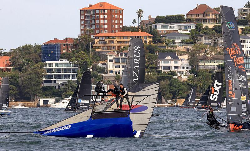 Capsize for Yandoo in Race 6 - 2024 JJ Giltinan Championship photo copyright SailMedia taken at Australian 18 Footers League and featuring the 18ft Skiff class