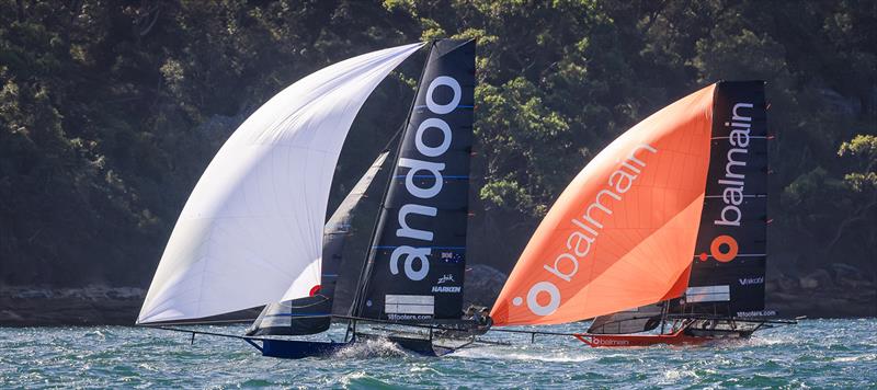 Andoo and Balmain bttle for a podium place in the final race of the 18ft Skiff Winnings 2024 JJ Giltinan Championship photo copyright SailMedia taken at Australian 18 Footers League and featuring the 18ft Skiff class
