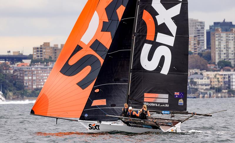 Spinnaker run for Sixt during the 18ft Skiff Queen of the Harbour 2024 photo copyright SailMedia taken at Australian 18 Footers League and featuring the 18ft Skiff class