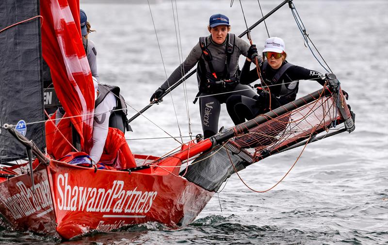 Shaw and Partners crew on alert during the 18ft Skiff Queen of the Harbour 2024 photo copyright SailMedia taken at Australian 18 Footers League and featuring the 18ft Skiff class